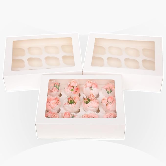 Bakepacker Auto-pop Up Cupcake Boxes with Window White 20PCS 12 Count Cupcake Box 13"x10"x3.5" Cupcakes Carrier, 12 Cupcake Containers with rolls of pink ribbons