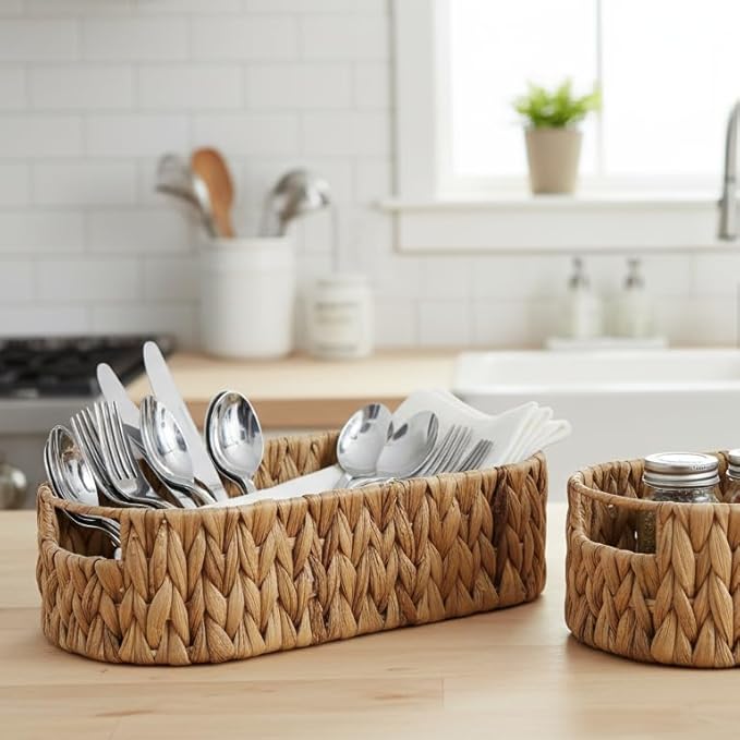 Toilet Paper Storage, Basket with Handles, Bathroom Decor, Wicker Basket, Storage Basket for Organizing, Empty Gift Basket, Shelves, Back of Toilet Basket (14.2" × 6.3" × 3.9")