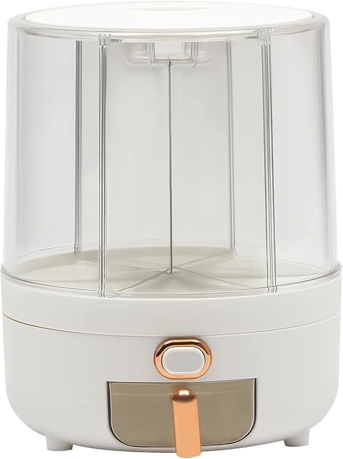 Rice Dispenser, 6 Grid 360° Rotating Cereal Dispenser Rice Container Holder with Lid, Grain Storage Organizer for Kitchen Countertop Dry Food, White, 14.3lbs