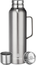 Insulated Vacuum Thermo Bottle 1500ml/50.7oz with Cup Stainless Steel Coffee Bottles for Hot and Cold Drink Water Flask.(Silver, with Handle, 1500ml)