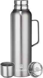 Insulated Vacuum Thermo Bottle 1500ml/50.7oz with Cup Stainless Steel Coffee Bottles for Hot and Cold Drink Water Flask.(Silver, with Handle, 1500ml)