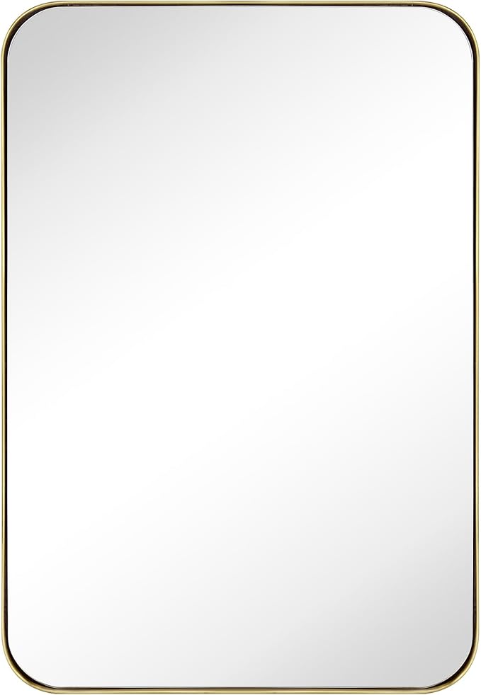 Brushed Gold Rectangle Recessed Bathroom Medicine Cabinet with Mirror Stainless Steel Metal Framed Rounded Rectangular Bathroom Cabinet with Mirror 16x24''