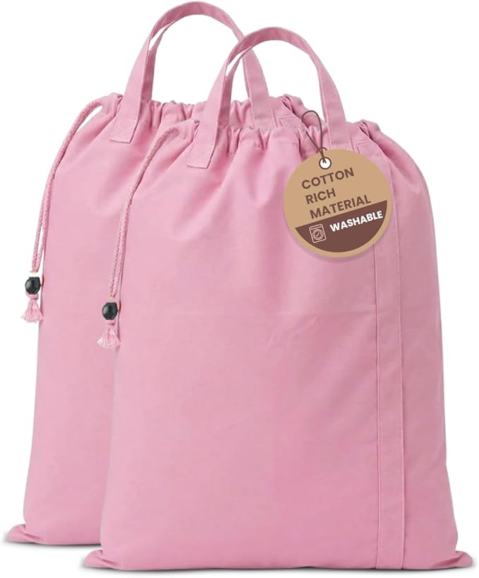 LFH Home Large Premium Cotton Canvas Laundry Bag with Drawstring and Handles Heavy Duty, Multi-Use, Washable for Home, Travel, College or Storage 24x36 (Pack of 2)-Pink