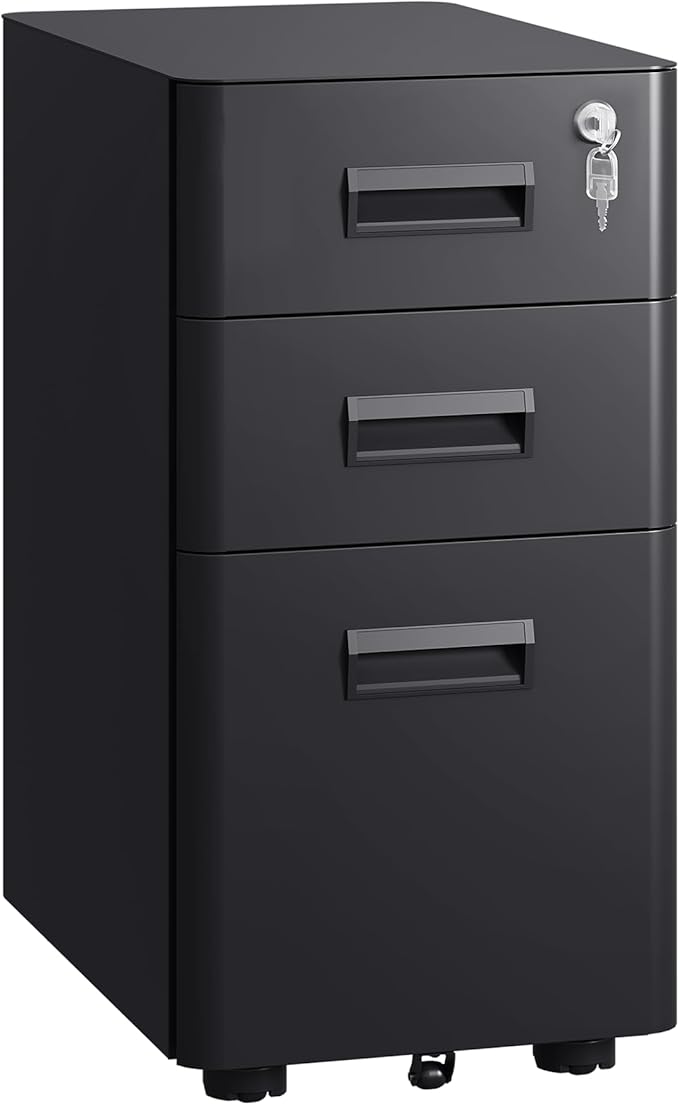 DEVAISE 3 Drawer Mobile File Cabinet with Lock, Under Desk Metal Filing Cabinet for Home Office Fits Legal/Letter/A4 Size, Fully Assembled Except Casters, Black