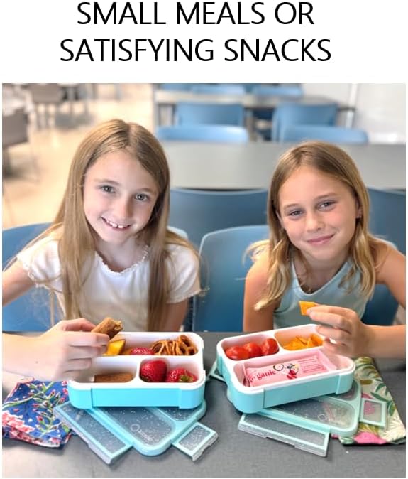 kinsho Small Snack Containers for Kids Toddlers - 3 Compartments (Set of 2) - Leak-proof Reusable Snack Boxes with Lids - BPA-Free Mini Bento Lunch Box - Holds 2 Cups (Pastel Blue + Teal Sparkle)