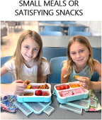 kinsho Small Snack Containers for Kids Toddlers - 3 Compartments (Set of 2) - Leak-proof Reusable Snack Boxes with Lids - BPA-Free Mini Bento Lunch Box - Holds 2 Cups (Pastel Blue + Teal Sparkle)