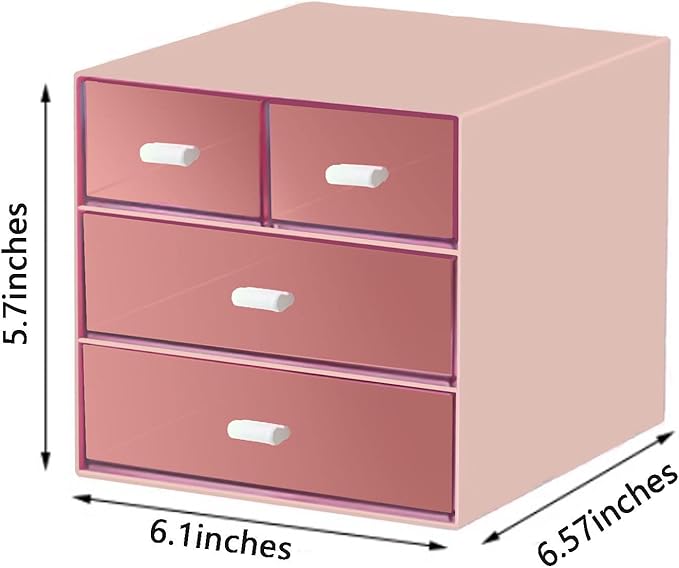 Desk Organizer with Drawer, Office Organizer with 4 Drawers, Desk Storage Box for, Desktop, Dressing table, Office, School, Home, Plastic Box and 4 Acrylic Drawers(Pink)