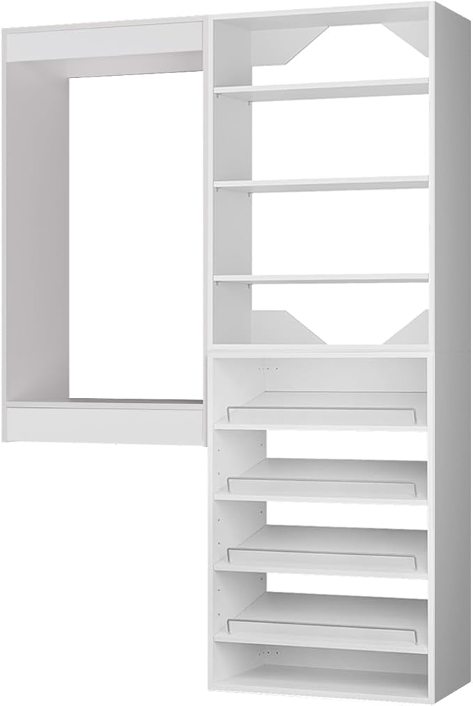 ROOMTEC Modular Closet System, 58" Wall Mounted Closet Organizer with Hanging Rods and Shoe Shelf, Wooden Tower for Walk-In Closets, Wardrobe Storage Kit, White