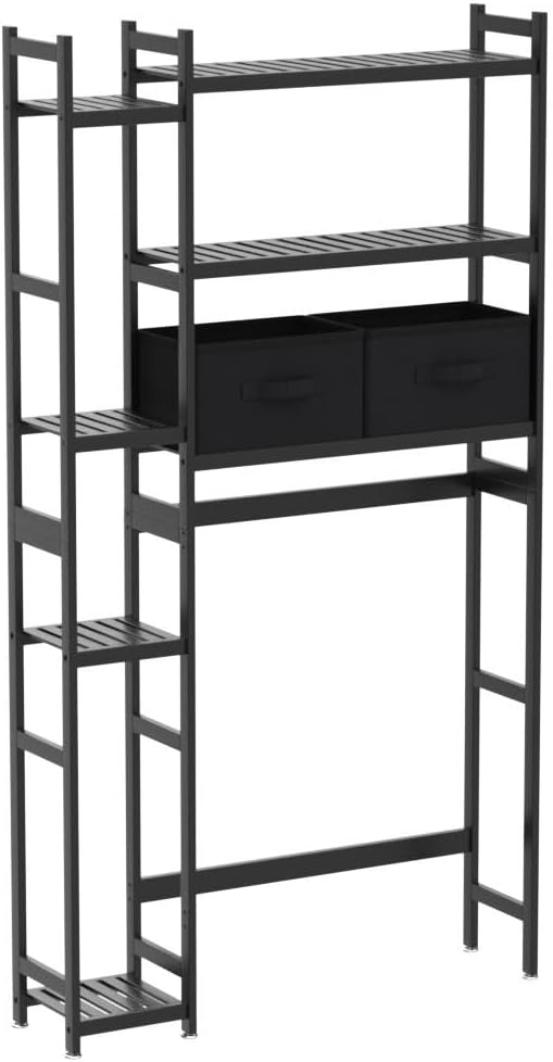 Homde Over The Toilet Storage with Basket and Drawer, Bamboo Bathroom Organizer with Adjustable Shelf & Waterproof Feet Pad, Space Saver Rack for Restroom, Laundry, Brown