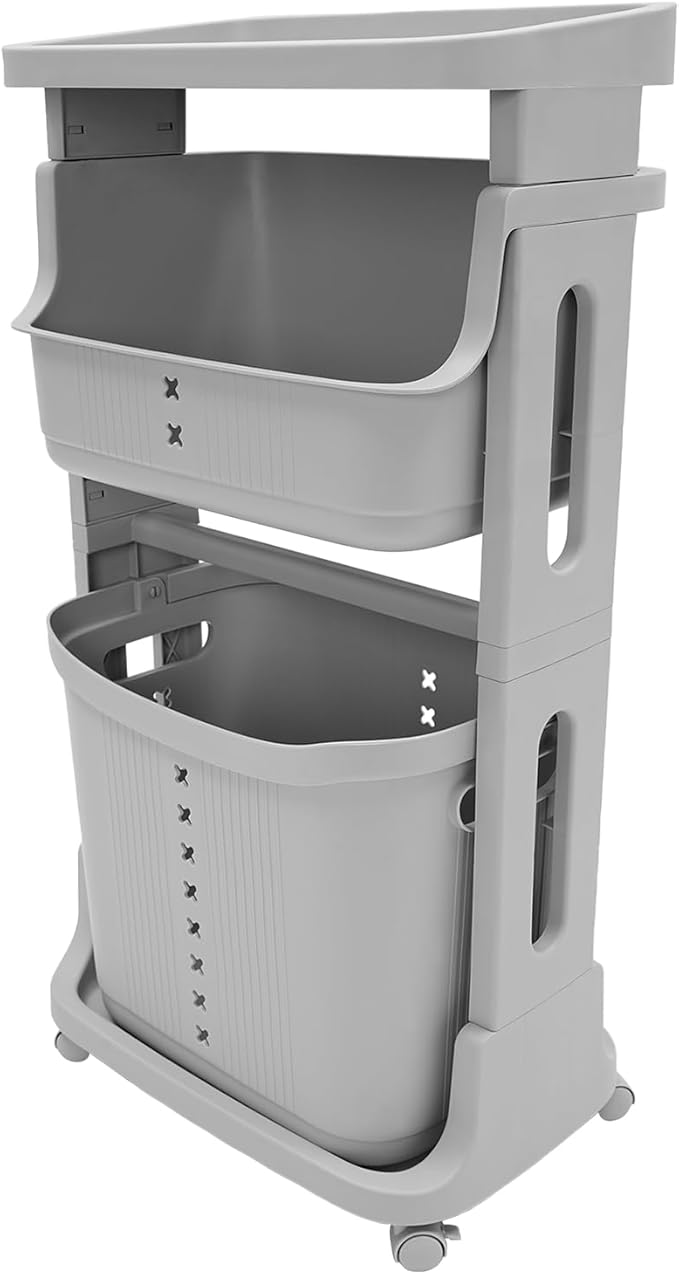 Laundry Hamper Basket 2-Tier, Movable Rolling Cart Clothes Storage Organizer with Wheels, Portable Stackable Bins, Plastic Dirty Clothes Sorter Shelf for Bedrooms, Grey
