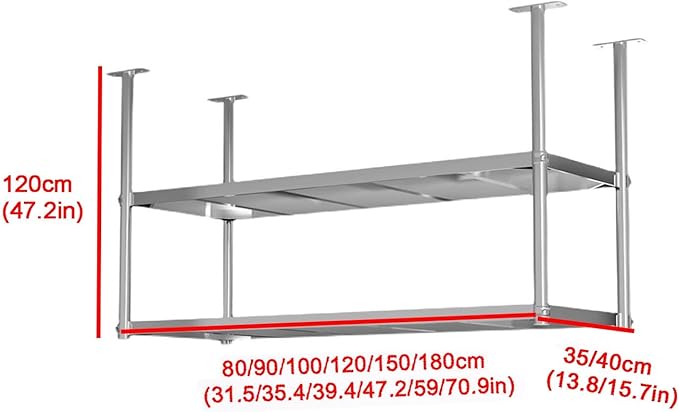 XPLKQXE Stainless Steel Ceiling Shelf, Hanging Industrial Ceiling Mount Storage Rack, Kitchen Wall Mounted Plant Stand/Wall Decor for Bar Cafe Kitchen(Silver-2lay,180x35x120cm)