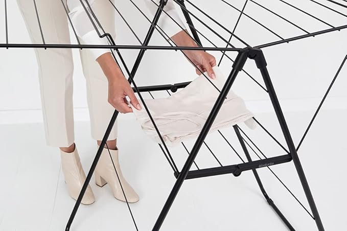 Brabantia HangOn Clothes Drying Rack | 82ft (25m) | Matt Black | Large Indoor Clothes Airer Laundry Stand with 2 Fold-Out Wings & Hanger Hooks, Folds Flat | Fits 2 Full Loads