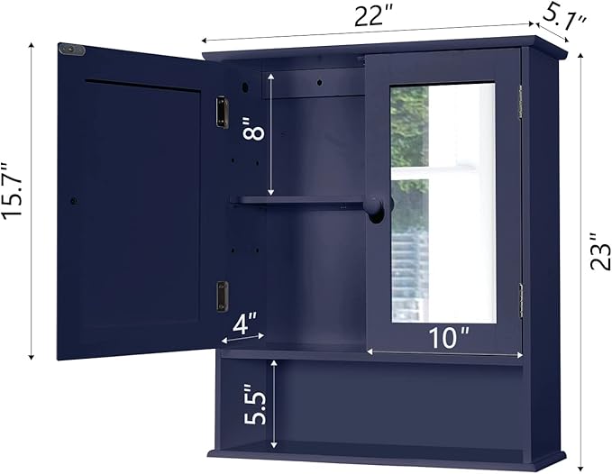 TaoHFE Blue Medicine Cabinet with Mirror, 2 Doors & 3 Open Shelves - Wall Mounted Wooden Storage Cabinet for Bathroom, Laundry or Kitchen