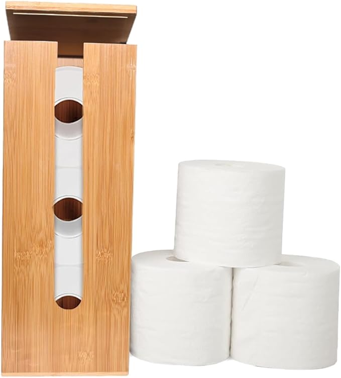 Bamboo Toilet Paper Holder Free Standing, Wood Toilet Paper Storage Rack with Lid Fits 3 Mega Toilet Paper (Bamboo)