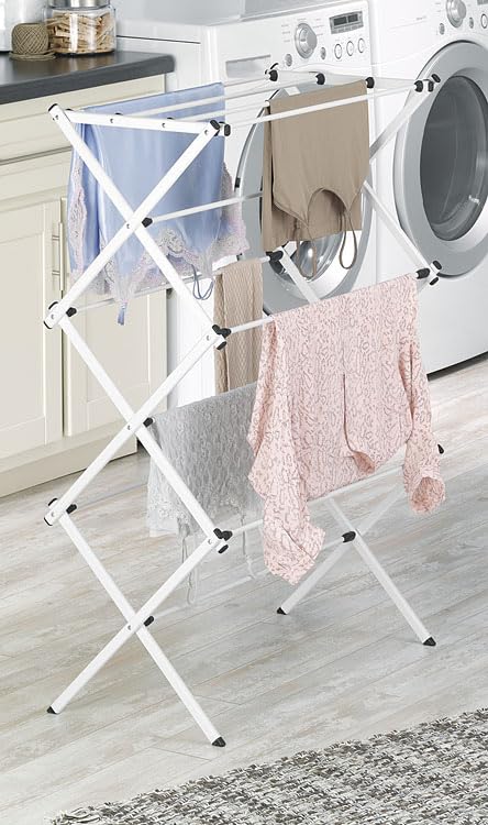 Whitmor Expandable Clothes Drying Rack: 3 Tier Laundry Drying Rack, Collapsible Drying Rack Clothing, Portable Space Saving Clothing Rack for Indoor Outdoor, 14.50" L x 35.5" W x 45.2" H, White