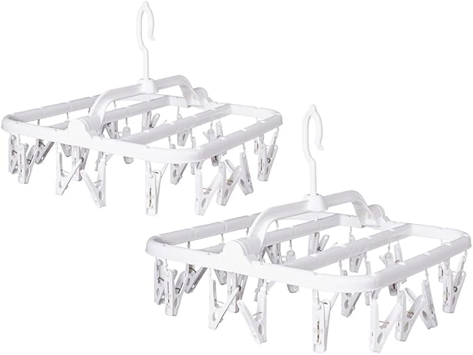 Foldable Plastic Hangers with 26 Drying Clips, Underwear Hanger with Clips, Plastic Laundry Clip and Drip Drying Hanger for Socks, Bras, Lingerie, Clothes, Sturdy, White, 2pc
