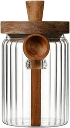 ANSQU Glass Jar with Wooden Lid & Spoon, 20.3oz Food Storage Containers Coffee Jar Coffee Grounds Container, Coffee Canister holds up to 7.4oz Coffee Beans (1 Pack)