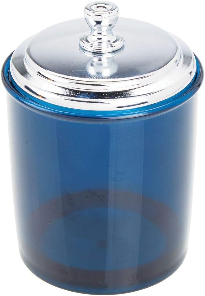 mDesign Bathroom Vanity Storage Organizer Apothecary Canister Jar for Cotton Balls, Swabs, Makeup Sponges, Bath Salts, Hair Ties, Jewelry - Dark Blue/Chrome Lid