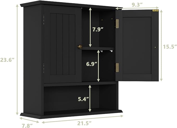 Smuxee Black Wall Cabinet, Small, 2-Door Medicine Cabinet with Adjustable Shelves, Over Toilet, For Kitchen and Laundry Rooms