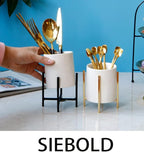 Kitchen Utensil Holder,White Ceramic Silverware Caddy With Golden Metal Frame Chic & Modern Kitchen Cooking