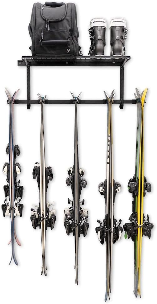 StoreYourBoard Solitude Ski Wired Storage Rack and Shelf, Wall Mount Organizer Holds 10 Pairs of Skis and Accessories, Heavy Duty Supports 300 lbs