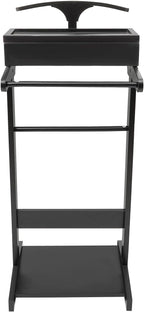 Wood Suit Rack for Men and Women, Freestanding Clothing Valet Stand with Drawer, Shoe Shelf & Hanging Suit, Valet Stands Coat Rack Suit Valet for Entryway Office Living Room (Black)