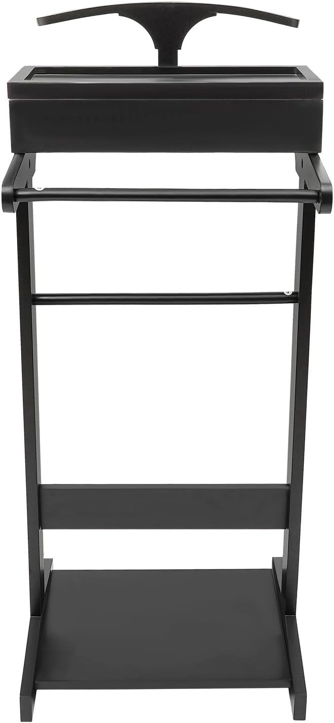 Valet Stand for Men, Wood Suit Valet Stand with Drawer for Women Wood Clothing valet stand with Top Tray, Contour Hanger, Trouser Bar and Shoe Rack Organizer