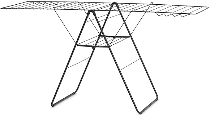 Brabantia HangOn Clothes Drying Rack | 82ft (25m) | Matt Black | Large Indoor Clothes Airer Laundry Stand with 2 Fold-Out Wings & Hanger Hooks, Folds Flat | Fits 2 Full Loads