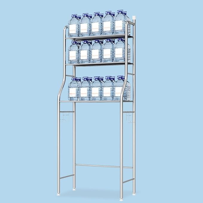 3-Tier Over The Toilet Storage, Over Toilet Bathroom Organizer, Freestanding Metal Bathroom Shelves, Over The Toilet Organizer with Hooks and Paper Holder, Space-Saving, Stainless Steel