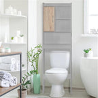 Pemberly Row Over the Toilet Storage Cabinet, Light Gray and Oak Finish, Engineered Wood, 3 Open Shelves, 2 Enclosed Shelves, Modern Bathroom Organizer, Space-Saving Design, 9.5” D x 23.5” W x 67” H