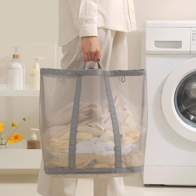 Mesh Bag with Handles, Collapsible Laundry Basket, Foldable Laundry Bag, Breathable Folding Beach Bag,Space-saving Travel Tote Bags (2, Grey&Black)