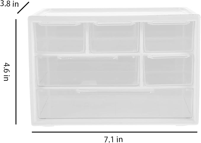 Small Drawer Organizer for Desk, 7.1" x 3. 8" x 4.6" Mini Desktop Drawer Organizer with 6 Clear Drawers, Plastic Desktop Craft Storage Box for Desk Office School Home (White)