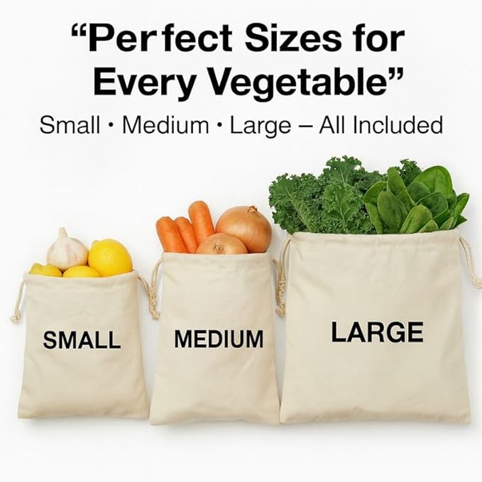 100% Cotton Reusable Vegetable Storage Bags Pack of 3 | Fridge & Kitchen Produce Bags with Drawstring | Eco-Friendly Fruit & Vegetable Storage Bags (1 Large, 1 Medium, 1 Small)