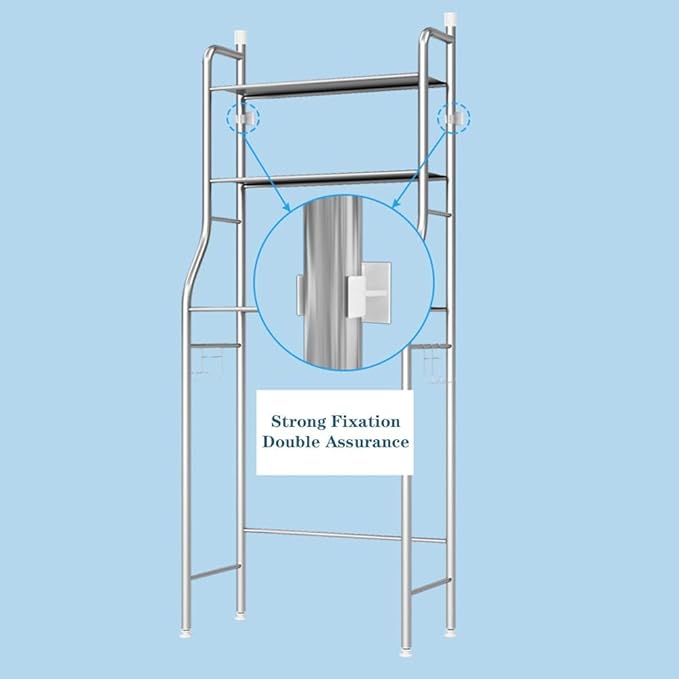 3-Tier Over The Toilet Storage, Over Toilet Bathroom Organizer, Freestanding Metal Bathroom Shelves, Over The Toilet Organizer with Hooks and Paper Holder, Space-Saving, Stainless Steel