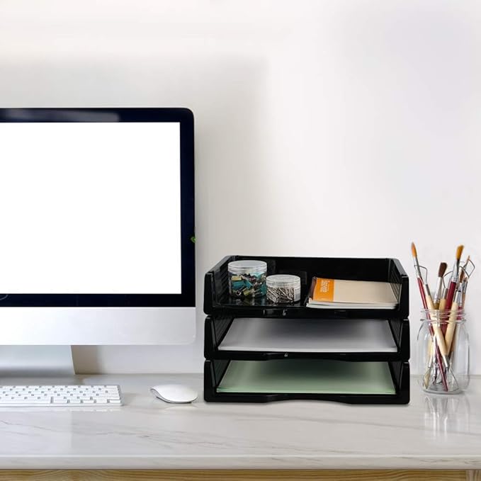Plastic Stackable File Paper Storage Tray, Office Stackable Letter Tray, Black, 6 Pack