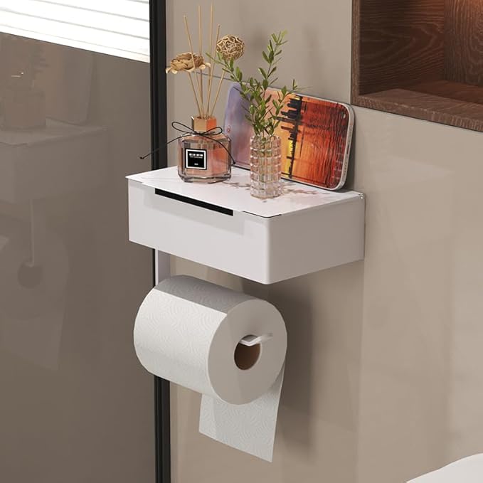 Generic Wall Mounted Toilet Paper Holder with Storage Box, White Metal, Modern Design, 8.07x4.92x3.74 Inches, Self-Adhesive Installation