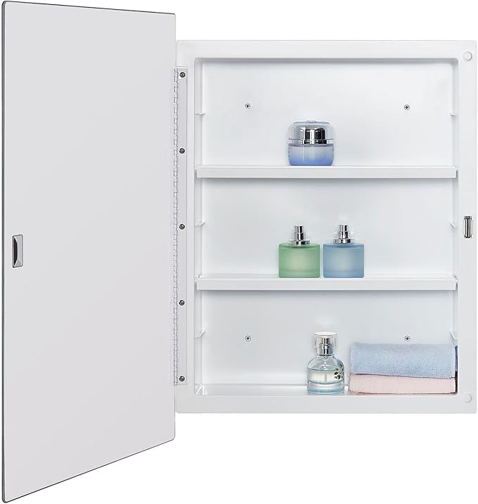 Plastic Bathroom Medicine Mirror Cabinet 16 x 22 inch, Surface and Recessed Mount, Beveled Edge Mirror