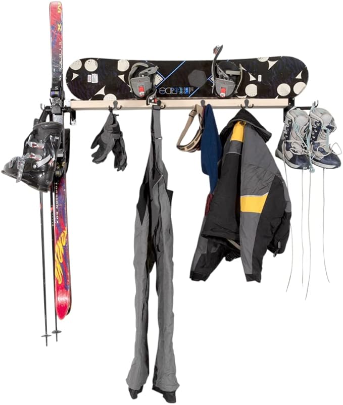 Snowboard and Ski Storage Rack for Garage - Unfinished Indoor Ski Storage Shelf with 10 Hooks - Made in The USA - Ski Rack Dimensions 8.25" D x 60.5" W x 6" H