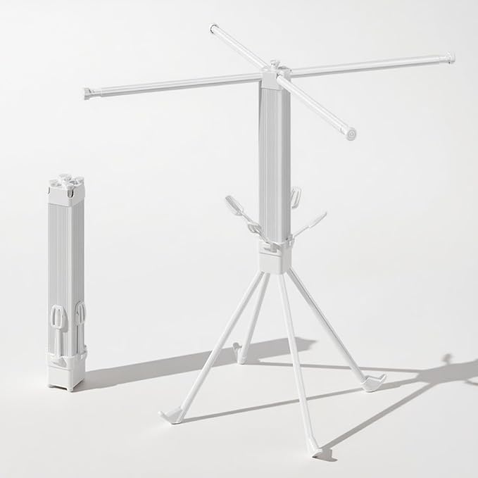 Upgrade 4-Legged Clothes Drying Rack with 4 Telescopic Rods and 4 Shoe Rods, Collapsible Drying Racks for Indoor Outdoor Use, Space-Saving Laundry Drying Rack (White)