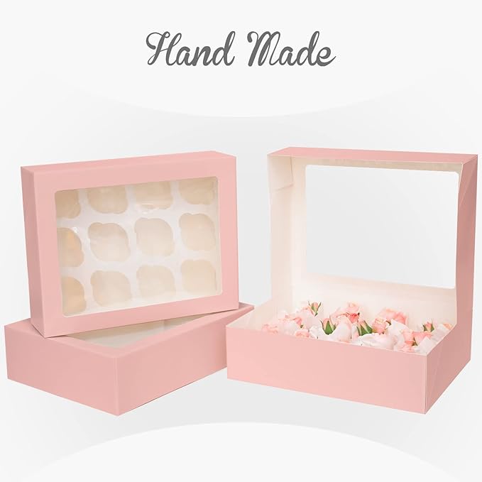 Bakepacker 12 Cupcake Containers 20-Packs Pink Cupcake Box Cupcakes Carrier, 12 Cupcake Boxes with Window 13"x10"x3.5"（Auto-pop up）
