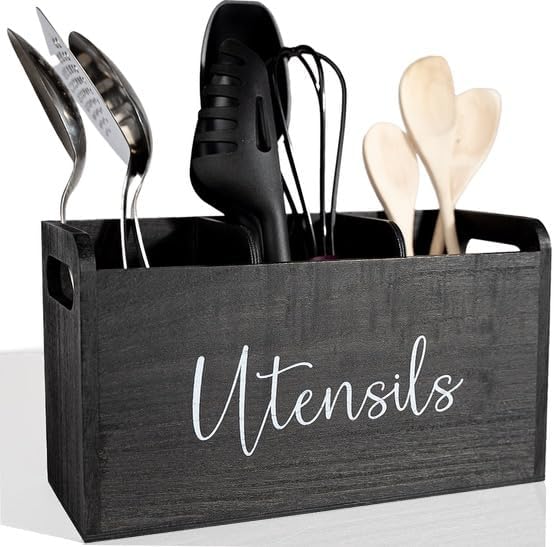 Black Kitchen Utensil Holder for Countertop – Large 3-Compartment Wooden Organizer & Caddy with Drain Holes, Farmhouse Kitchen Counter Utensil Holder, Rustic Wood Storage for Spoons, Spatulas & Tools