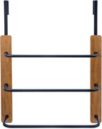 MyGift Over The Door Towel Rack for Bathroom, Rustic Solid Burnt Wood Towel Storage Organizer, 3 Tier Matte Black Metal Towel Bar, Space Saving Bathroom Door Hanging Towel Holder