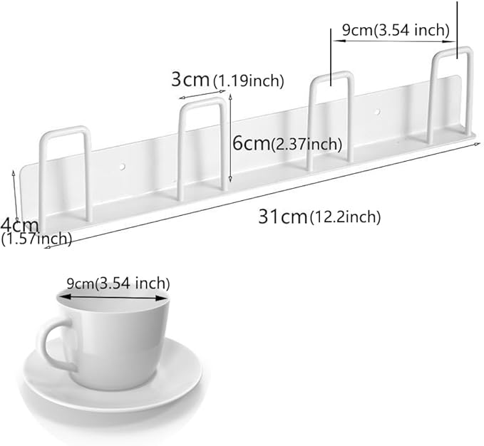 2pcs Cup Holder Wall-Mounted Mug Hook Coffee Cups Holder no Drilling Coffee Mug Rack with 4 Cup Holders Rack for Kitchen/Living Room/Office (White)