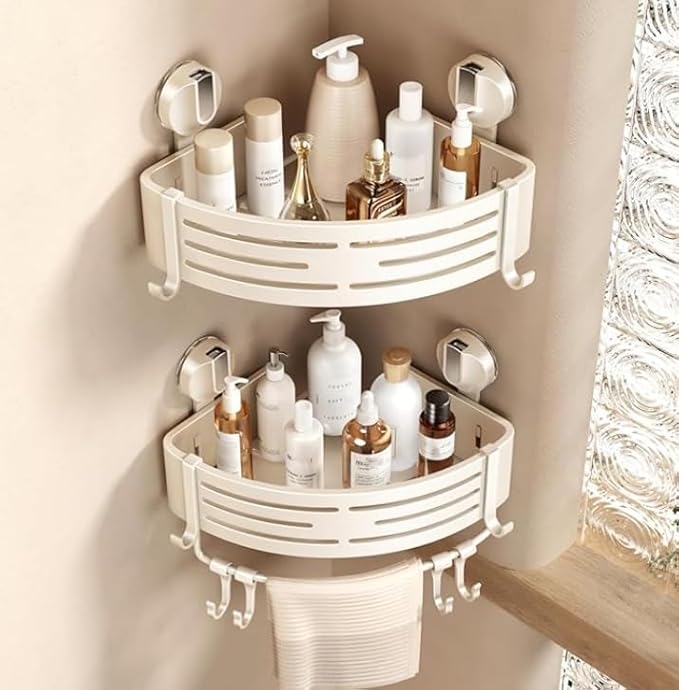 VOLPONE Corner Shower Caddy Suction Cup Shower Shelf Corner No Drilling Bathroom Shower Organizer Storage Rack Adhesive with Towel Bar Hooks(2-Pack, Ivory)