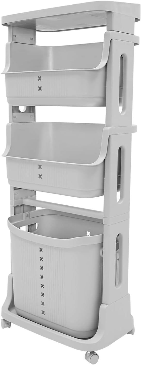 3 Tier Laundry Basket with Wheels, 360° Rolling Plastic Laundry Hamper, Dirty Clothes Sorter Storage Stackable Basket Organizer Shelf or Bathroom, Bedroom and Kitchen, Grey