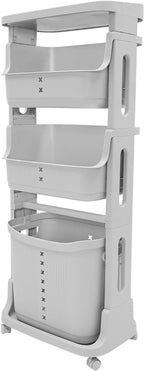 3 Tier Laundry Basket with Wheels, 360° Rolling Plastic Laundry Hamper, Dirty Clothes Sorter Storage Stackable Basket Organizer Shelf or Bathroom, Bedroom and Kitchen, Grey