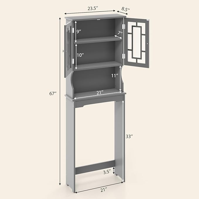 COSTWAY Over The Toilet Storage Cabinet, Bathroom Shelf Over Toilet, Double Door Bathroom Storage Cabinet Organizer with Adjustable Shelf, Open Shelf (Grey)