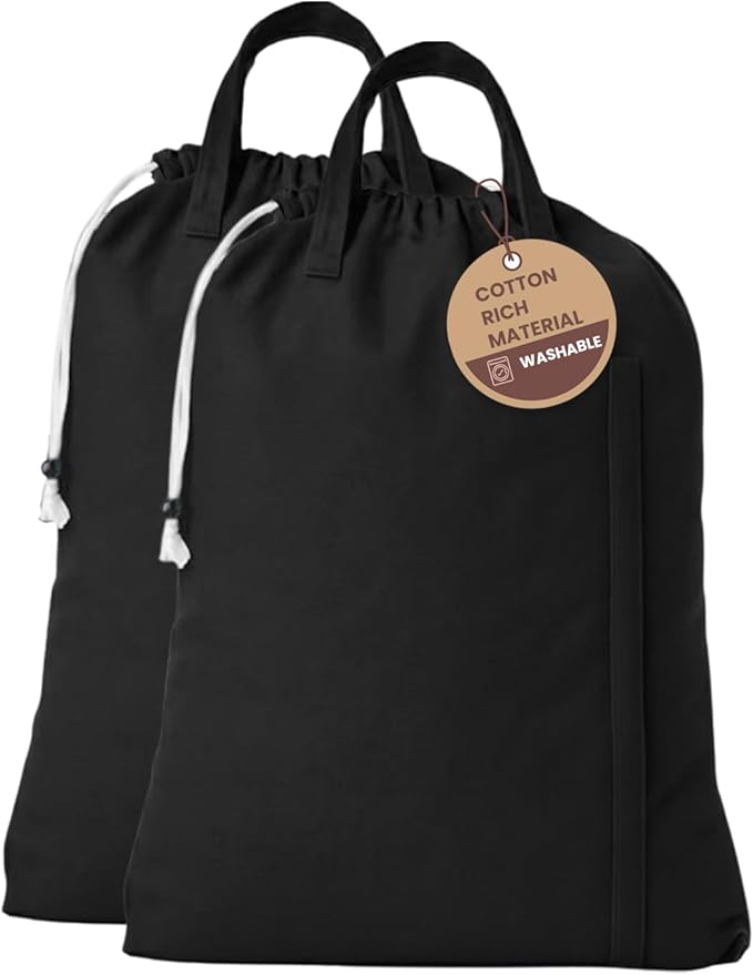 LFH Home Large Premium Cotton Canvas Laundry Bag with Drawstring and Handles Heavy Duty, Multi-Use, and Washable for Home, Travel, College or Storage 28x36 (Pack of 2)-Black