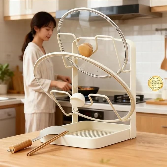 Kitchen Pot Lid Storage Rack,Countertop Pot Lid Holder With Spoon Rest,Multifunctional Pot Lid Organizer with Removable Drip Tray for Countertop Kitchen Space Tidy (White, One Layer)