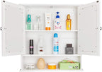 Karl home Wooden White Medicine Cabinet, Wall Mounted Bathroom Cabinet with 2 Mirror Door & Adjustable Shelves & Bottom Shelf for Bathroom, Living Room, Entryway